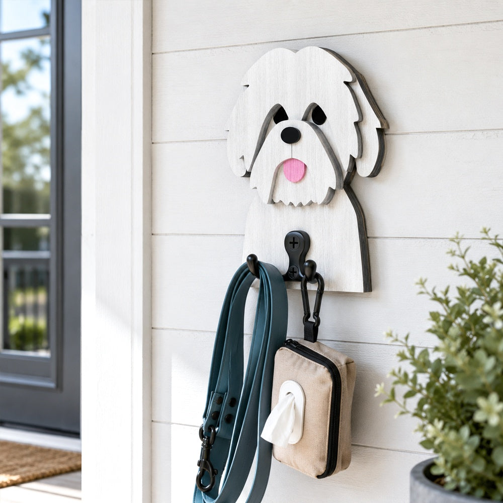 Wooden shih tzu dog wall hook key and leash holder for home entryway organizer