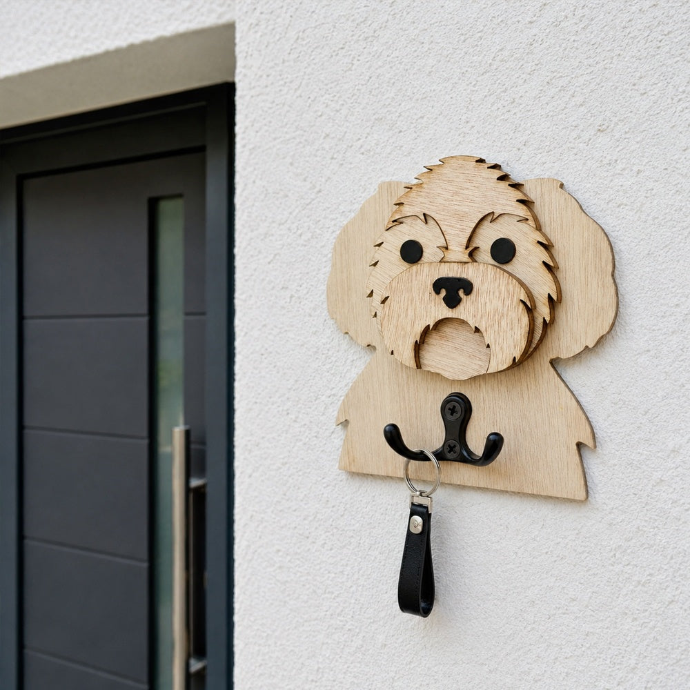 Wooden shih tzu dog wall hook key and leash holder for home entryway organizer