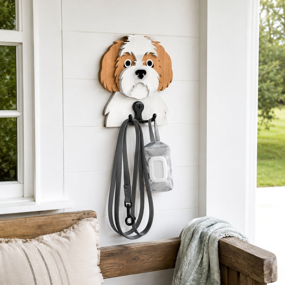 Wooden shih tzu dog wall hook key and leash holder for home entryway organizer