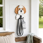 Wooden shih tzu dog wall hook key and leash holder for home entryway organizer