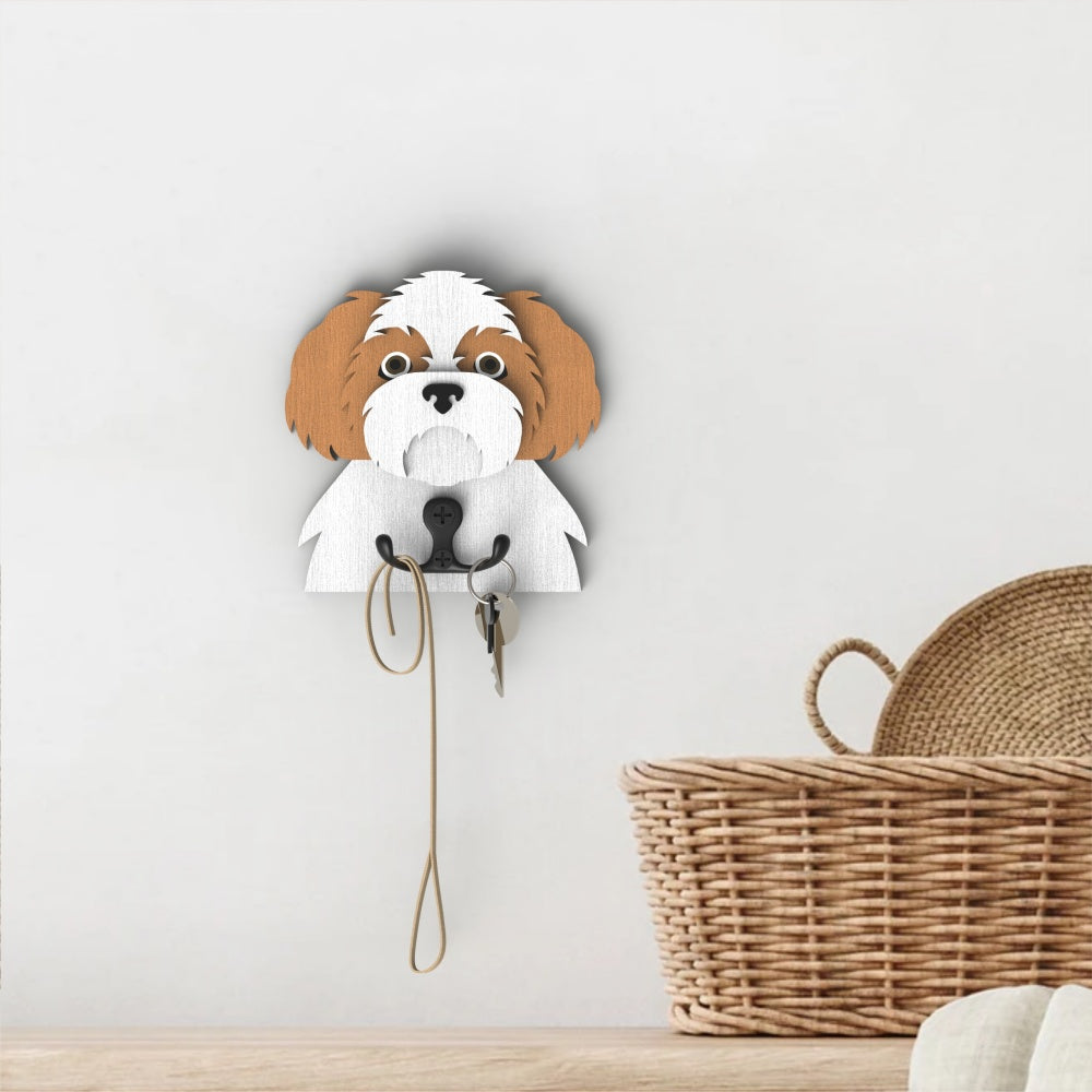 Wooden shih tzu dog wall hook key and leash holder for home entryway organizer
