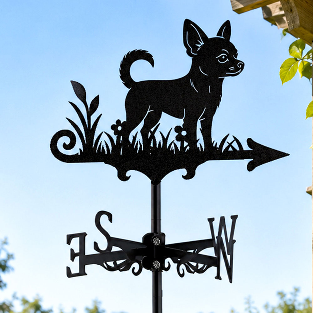 Short Haired Chihuahua metal weather vane with directional arrows and mounting rod, outdoor roof and garden decoration