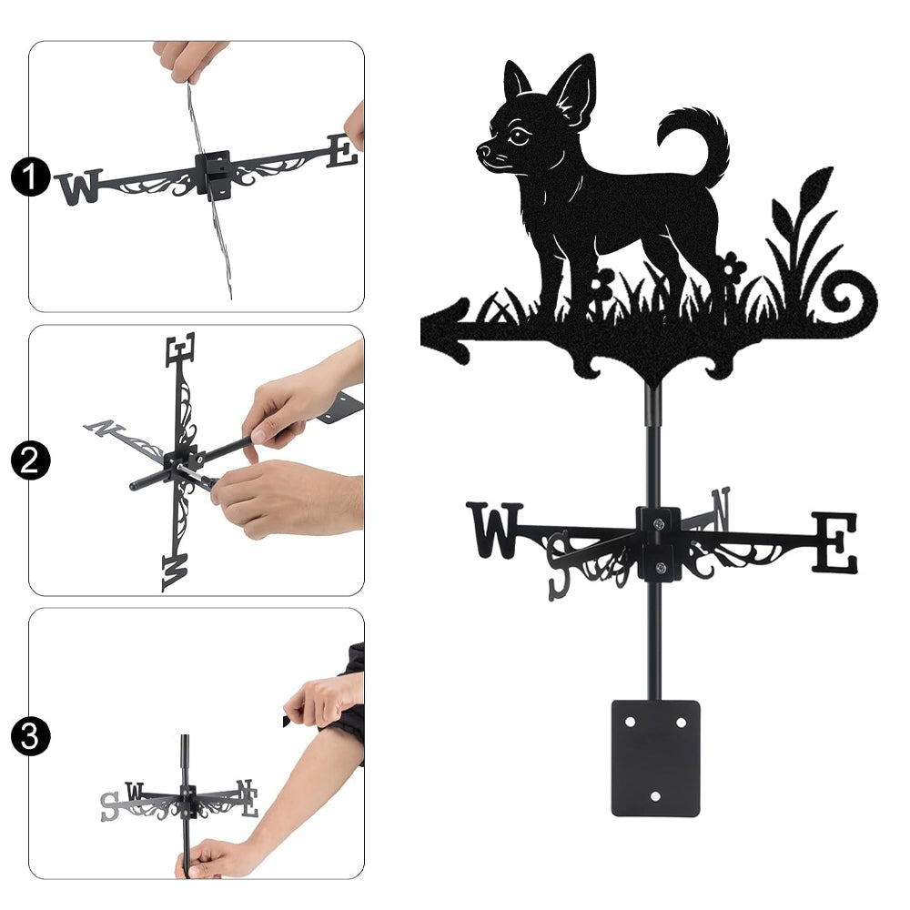 Short Haired Chihuahua metal weather vane with directional arrows and mounting rod, outdoor roof and garden decoration