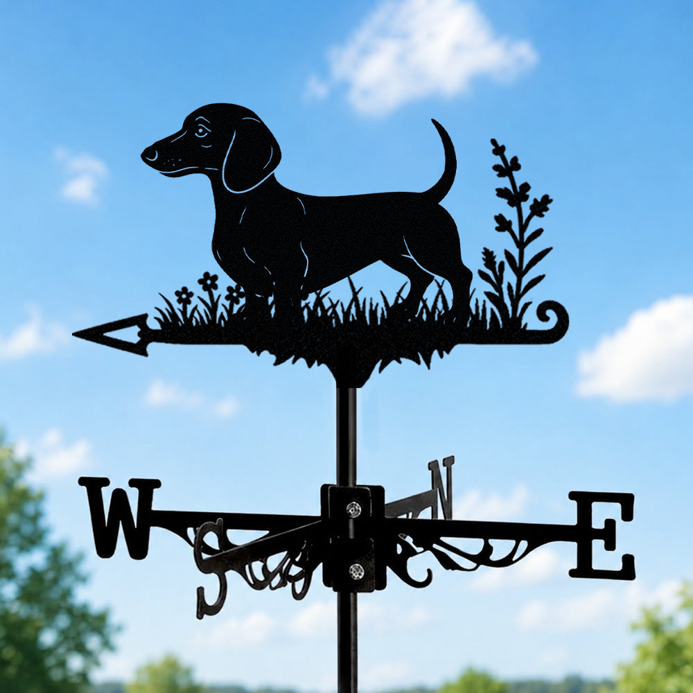 Short Haired Dachshund metal weather vane with directional arrows and mounting rod, outdoor roof and garden decoration