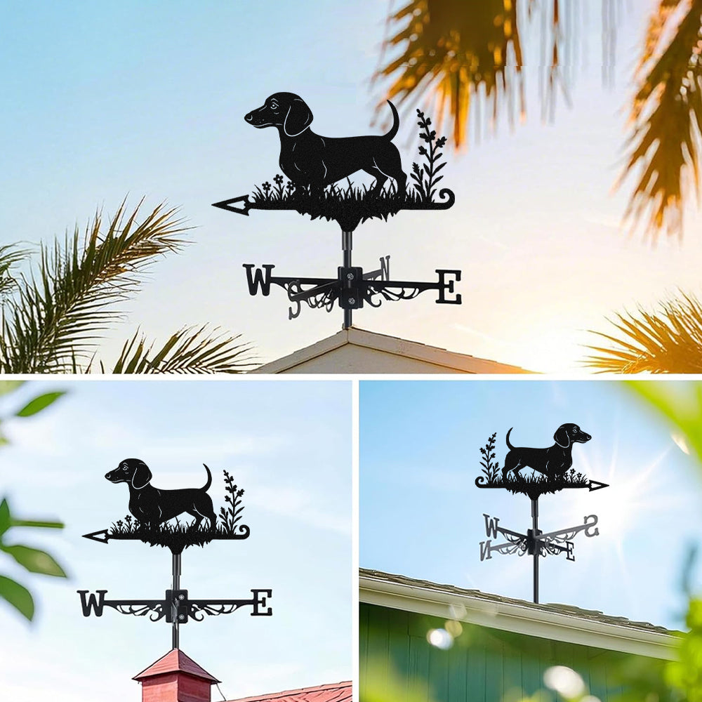 Short Haired Dachshund metal weather vane with directional arrows and mounting rod, outdoor roof and garden decoration