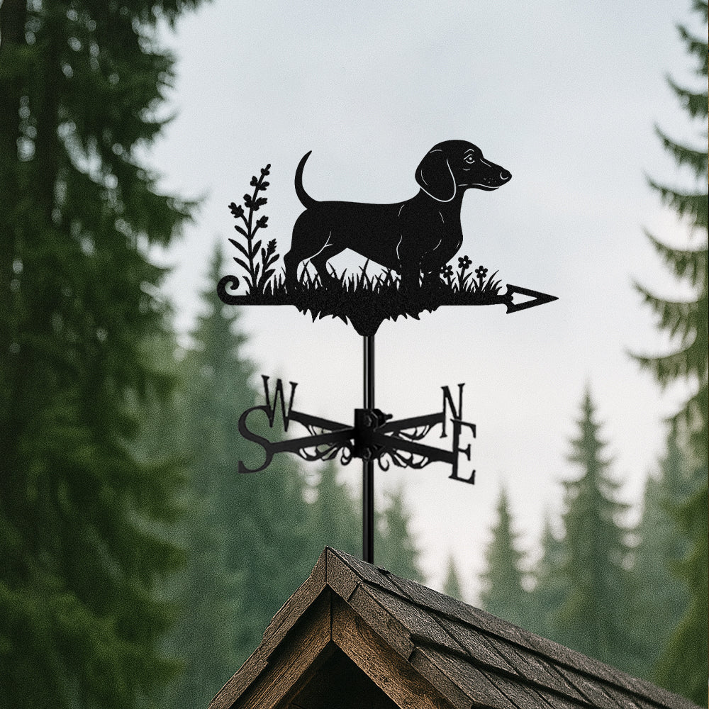 Short Haired Dachshund metal weather vane with directional arrows and mounting rod, outdoor roof and garden decoration