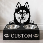 Personalized siberian husky metal dog bowl stand with custom name cutout and two removable feeding bowls