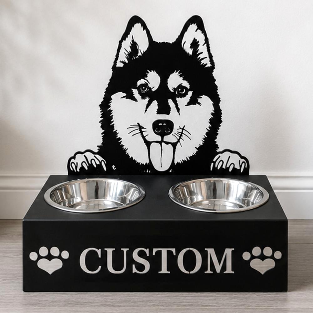 Personalized siberian husky metal dog bowl stand with custom name cutout and two removable feeding bowls