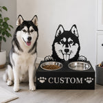Personalized siberian husky metal dog bowl stand with custom name cutout and two removable feeding bowls