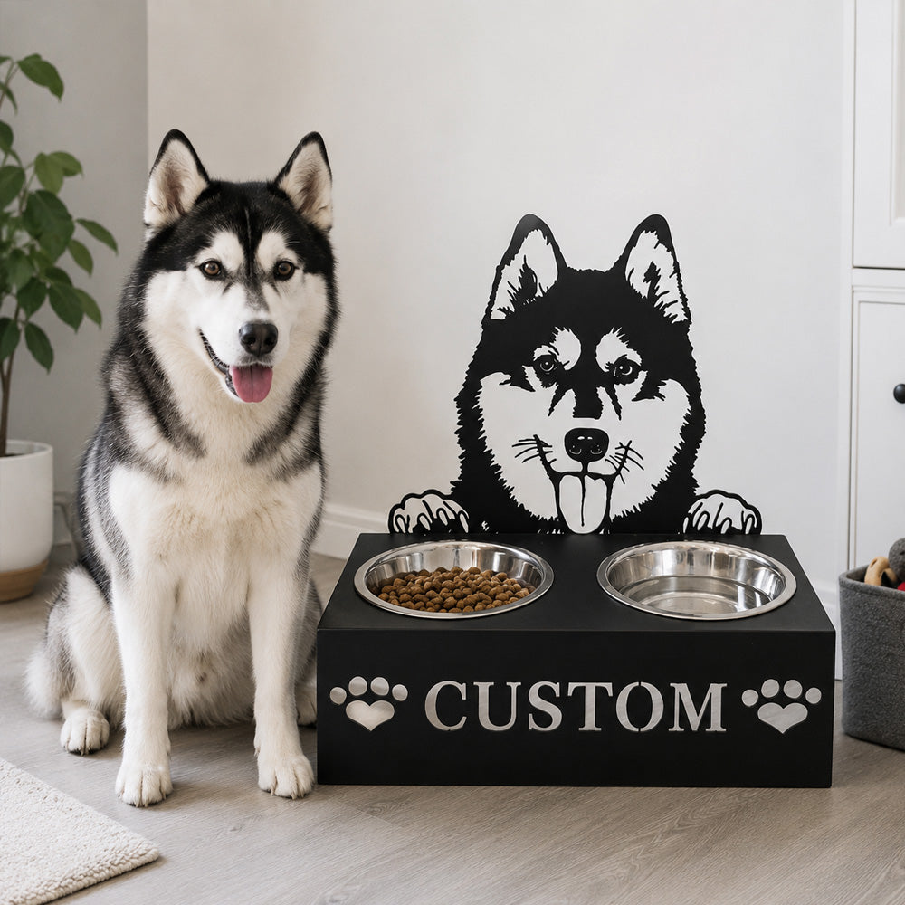 Personalized siberian husky metal dog bowl stand with custom name cutout and two removable feeding bowls