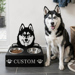 Personalized siberian husky metal dog bowl stand with custom name cutout and two removable feeding bowls