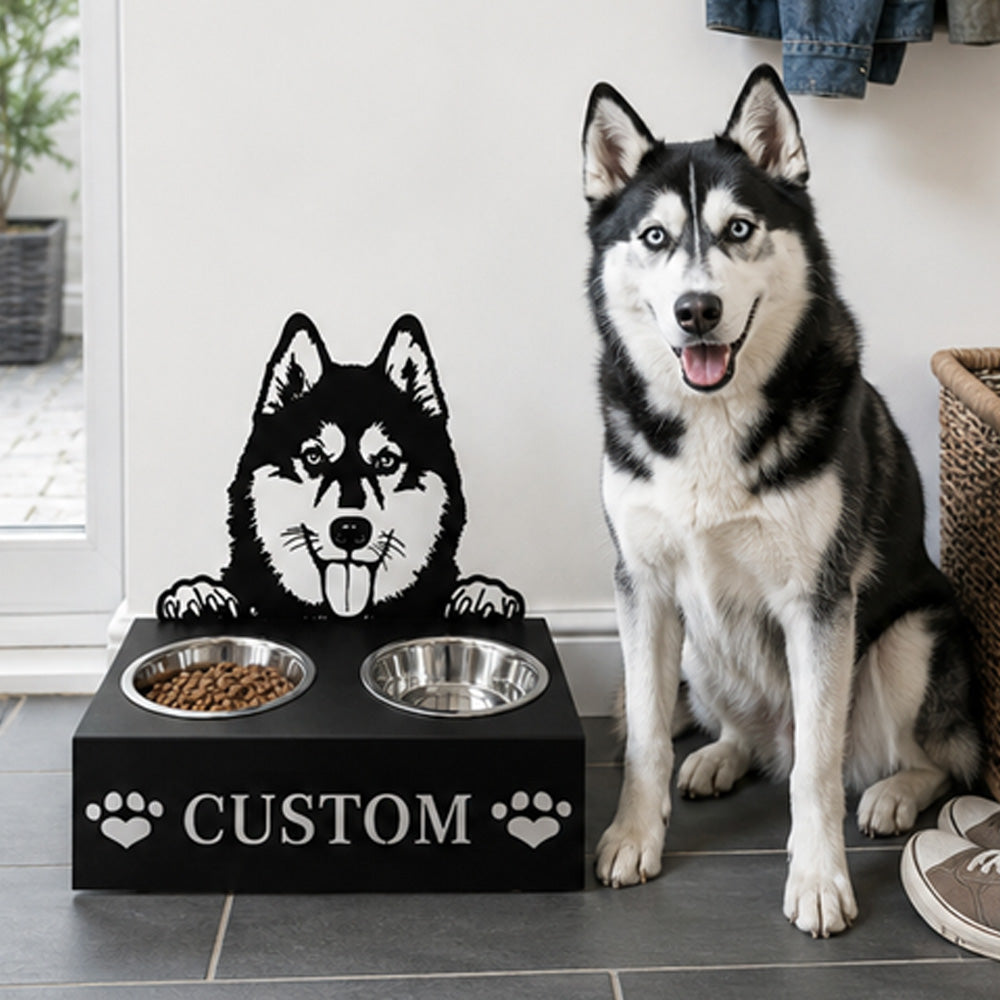 Personalized siberian husky metal dog bowl stand with custom name cutout and two removable feeding bowls
