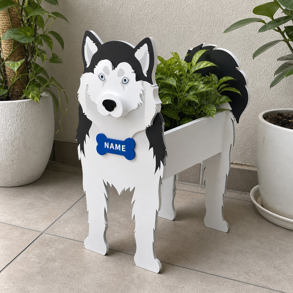 Siberian Husky dog planter filled with fresh flowers is placed in the garden
