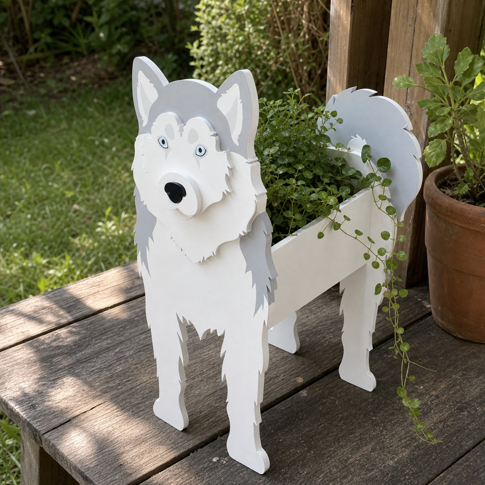 Siberian Husky dog planter filled with fresh flowers is placed in the garden