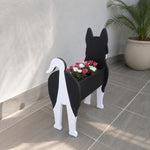 Siberian Husky dog planter filled with fresh flowers is placed in the garden
