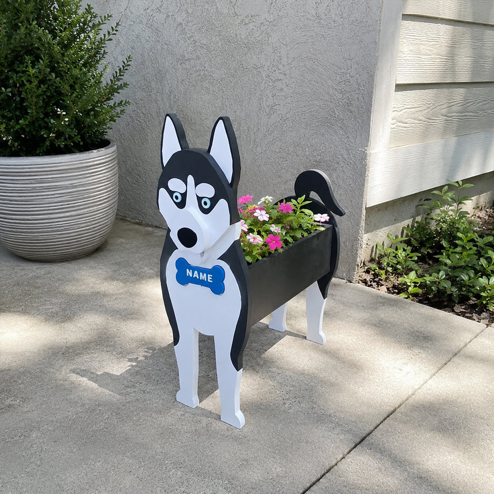 Siberian Husky dog planter filled with fresh flowers is placed in the garden