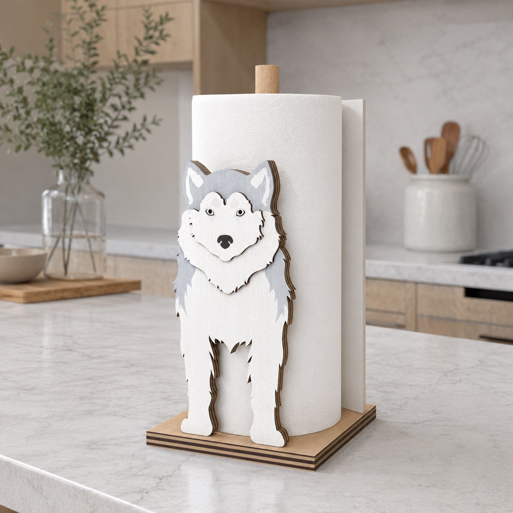Siberian Husky Wooden Dog Paper Towel Holder displayed on a kitchen countertop with a freestanding paper towel roll