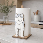 Siberian Husky Wooden Dog Paper Towel Holder displayed on a kitchen countertop with a freestanding paper towel roll