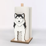 Siberian Husky Wooden Dog Paper Towel Holder displayed on a kitchen countertop with a freestanding paper towel roll