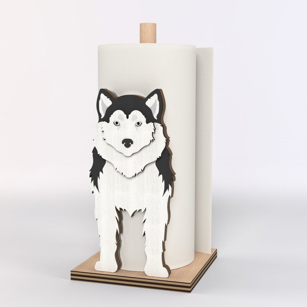 Siberian Husky Wooden Dog Paper Towel Holder displayed on a kitchen countertop with a freestanding paper towel roll