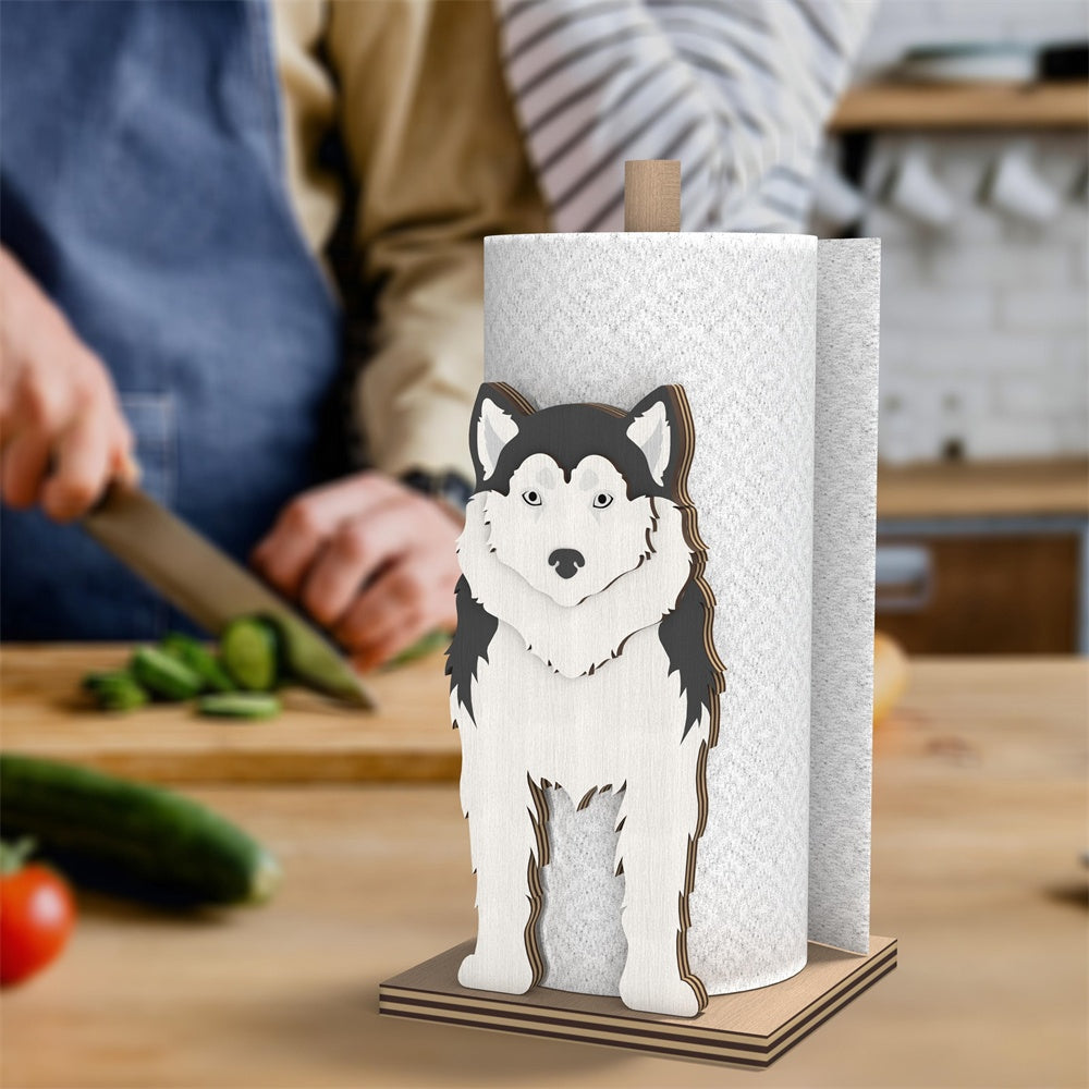 Siberian Husky Wooden Dog Paper Towel Holder displayed on a kitchen countertop with a freestanding paper towel roll