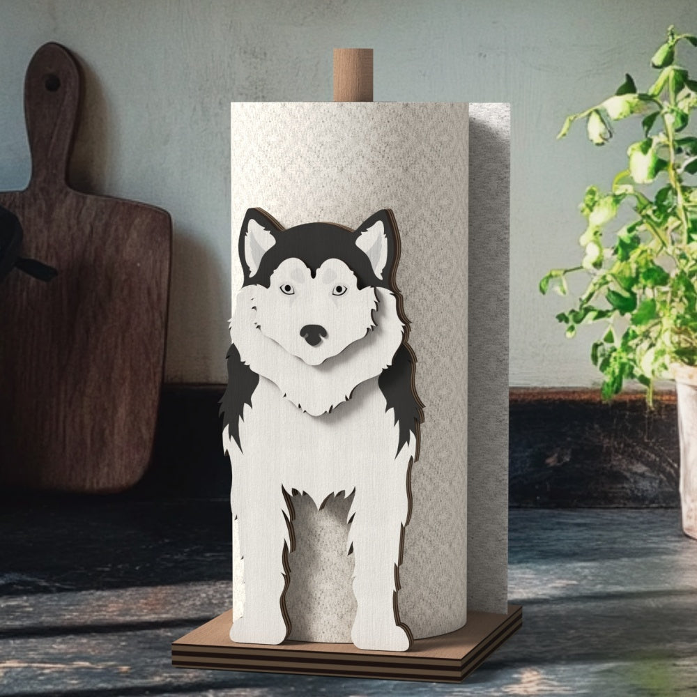 Siberian Husky Wooden Dog Paper Towel Holder displayed on a kitchen countertop with a freestanding paper towel roll