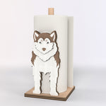 Siberian Husky Wooden Dog Paper Towel Holder displayed on a kitchen countertop with a freestanding paper towel roll
