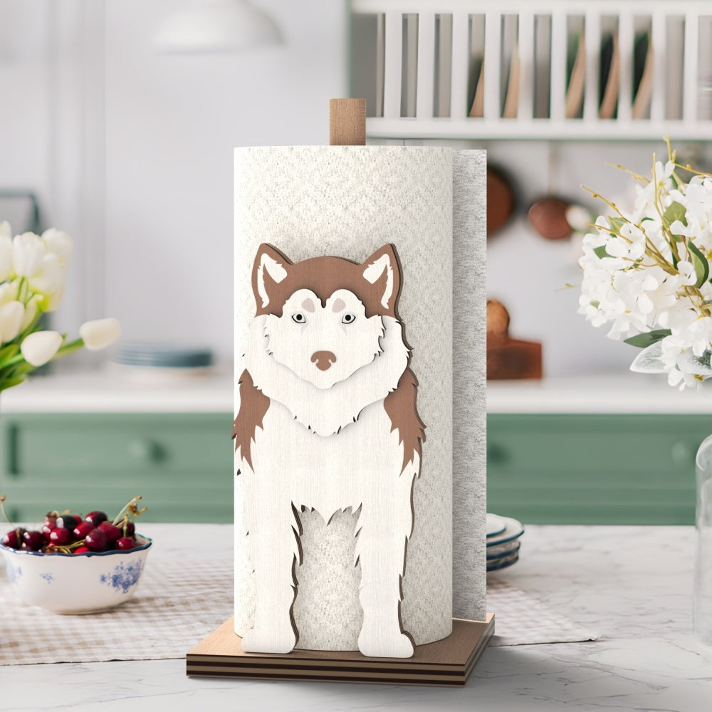 Siberian Husky Wooden Dog Paper Towel Holder displayed on a kitchen countertop with a freestanding paper towel roll