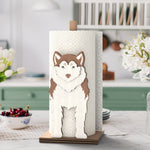 Siberian Husky Wooden Dog Paper Towel Holder displayed on a kitchen countertop with a freestanding paper towel roll