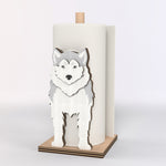 Siberian Husky Wooden Dog Paper Towel Holder displayed on a kitchen countertop with a freestanding paper towel roll