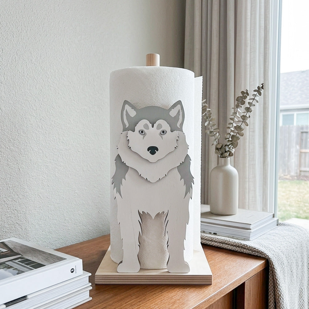 Siberian Husky Wooden Dog Paper Towel Holder displayed on a kitchen countertop with a freestanding paper towel roll