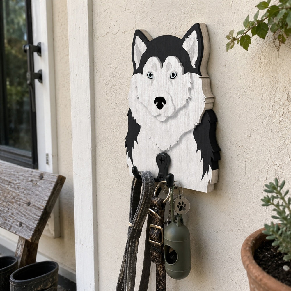 Wooden siberian husky dog wall hook key and leash holder for home entryway organizer