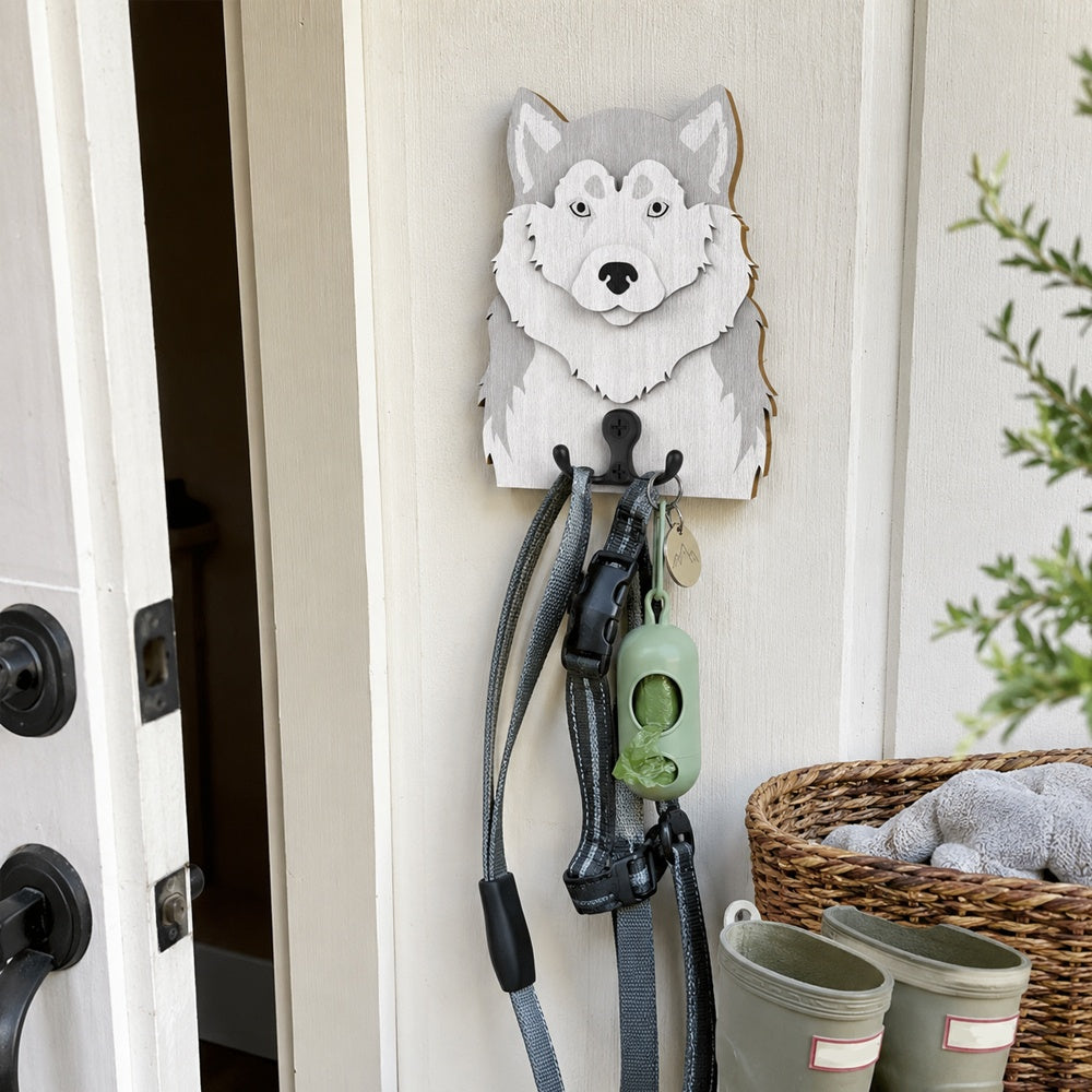 Wooden siberian husky dog wall hook key and leash holder for home entryway organizer