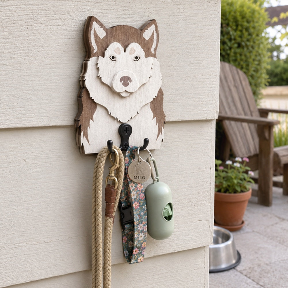 Wooden siberian husky dog wall hook key and leash holder for home entryway organizer