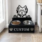 Personalized Silky Terrier dog metal dog bowl stand with custom name cutout and two removable feeding bowls