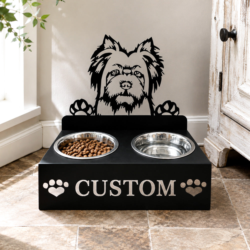 Personalized Silky Terrier dog metal dog bowl stand with custom name cutout and two removable feeding bowls