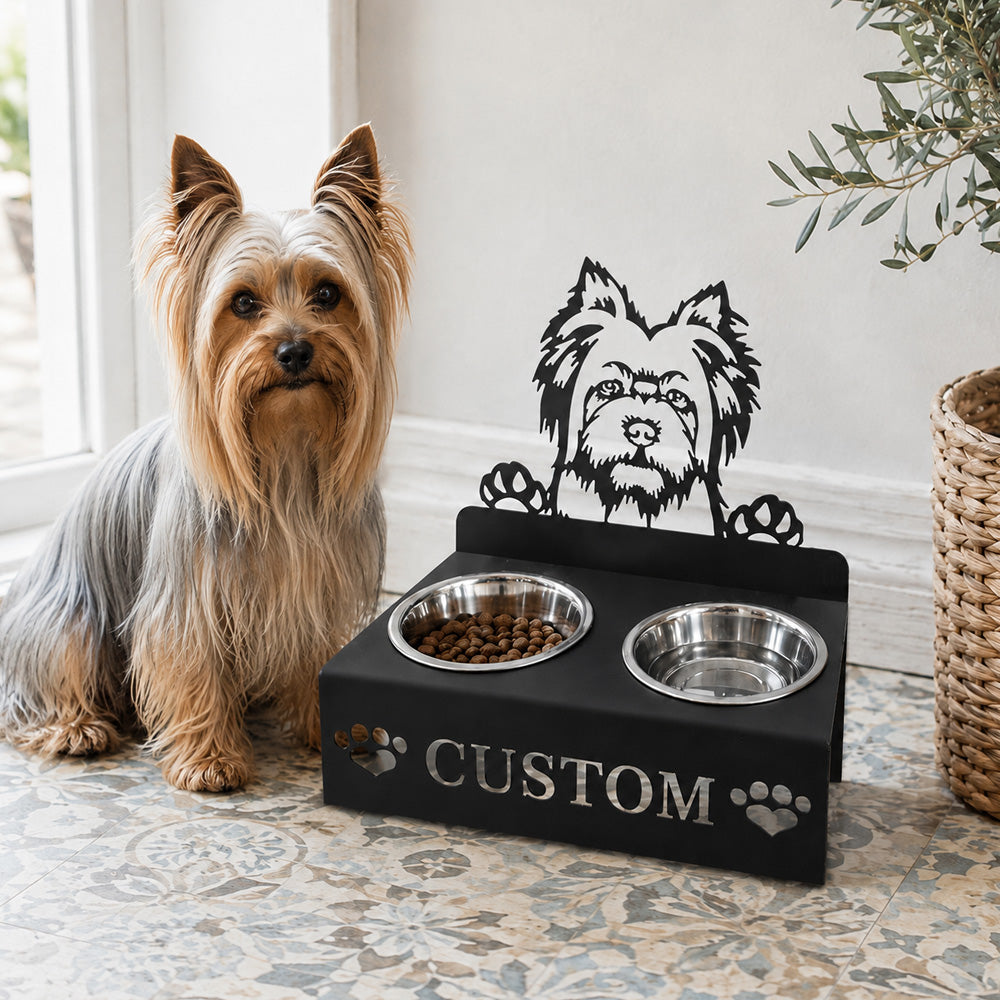 Personalized Silky Terrier dog metal dog bowl stand with custom name cutout and two removable feeding bowls