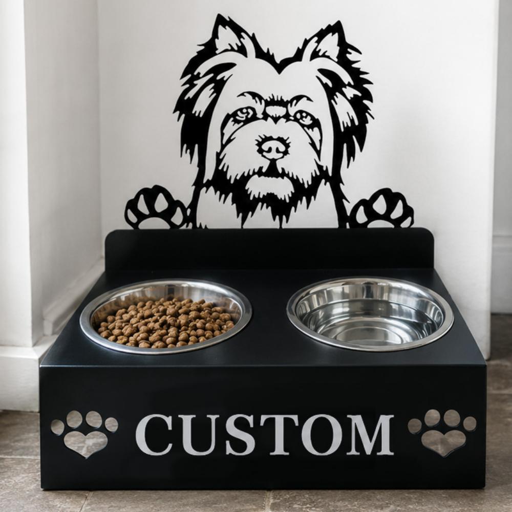 Personalized Silky Terrier dog metal dog bowl stand with custom name cutout and two removable feeding bowls