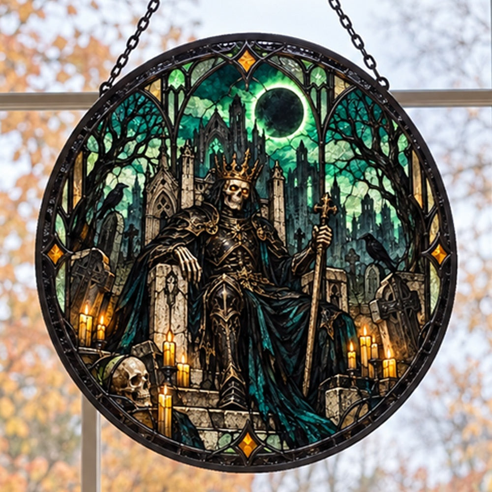 Skeleton King Halloween stained glass suncatcher window hanging, suitable for home and garden decoration