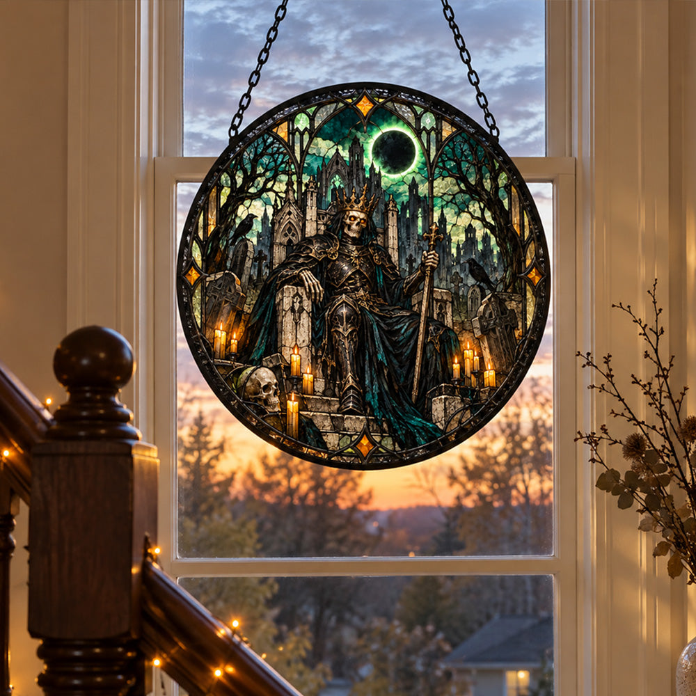 Skeleton King Halloween stained glass suncatcher window hanging, suitable for home and garden decoration
