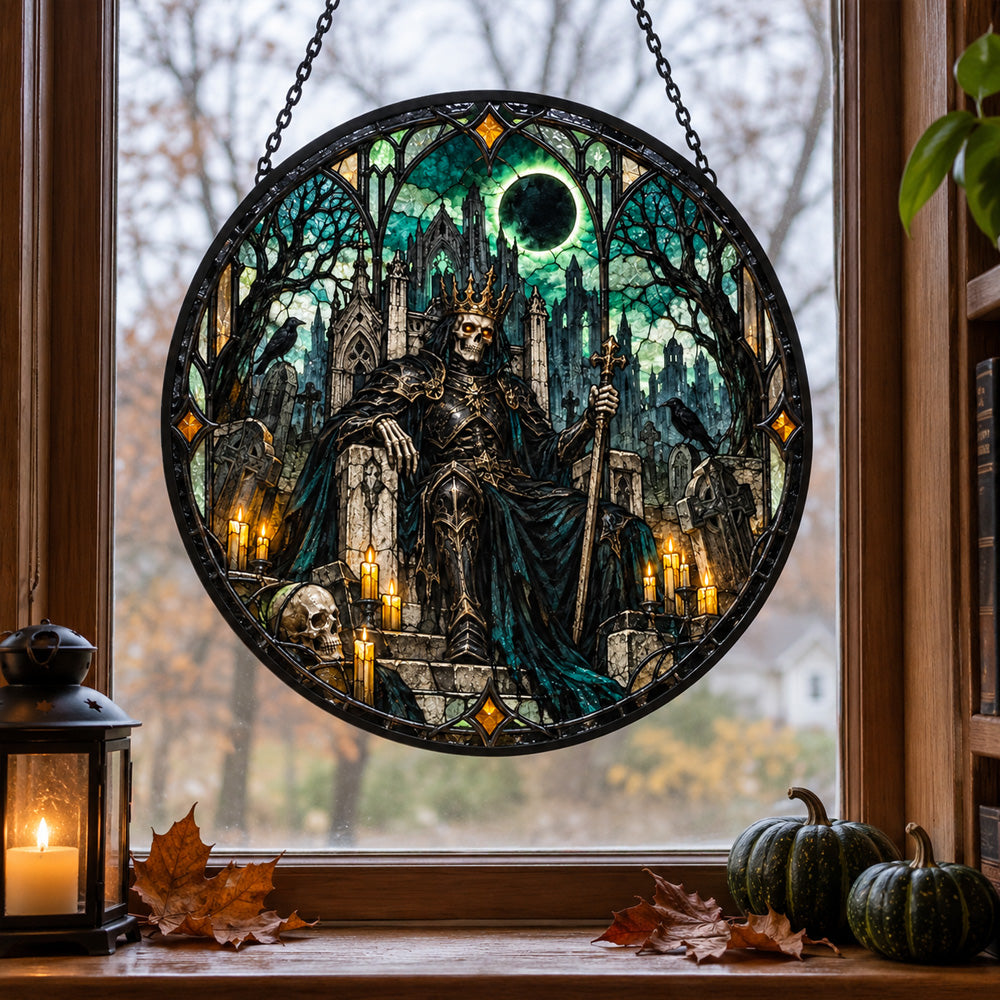 Skeleton King Halloween stained glass suncatcher window hanging, suitable for home and garden decoration