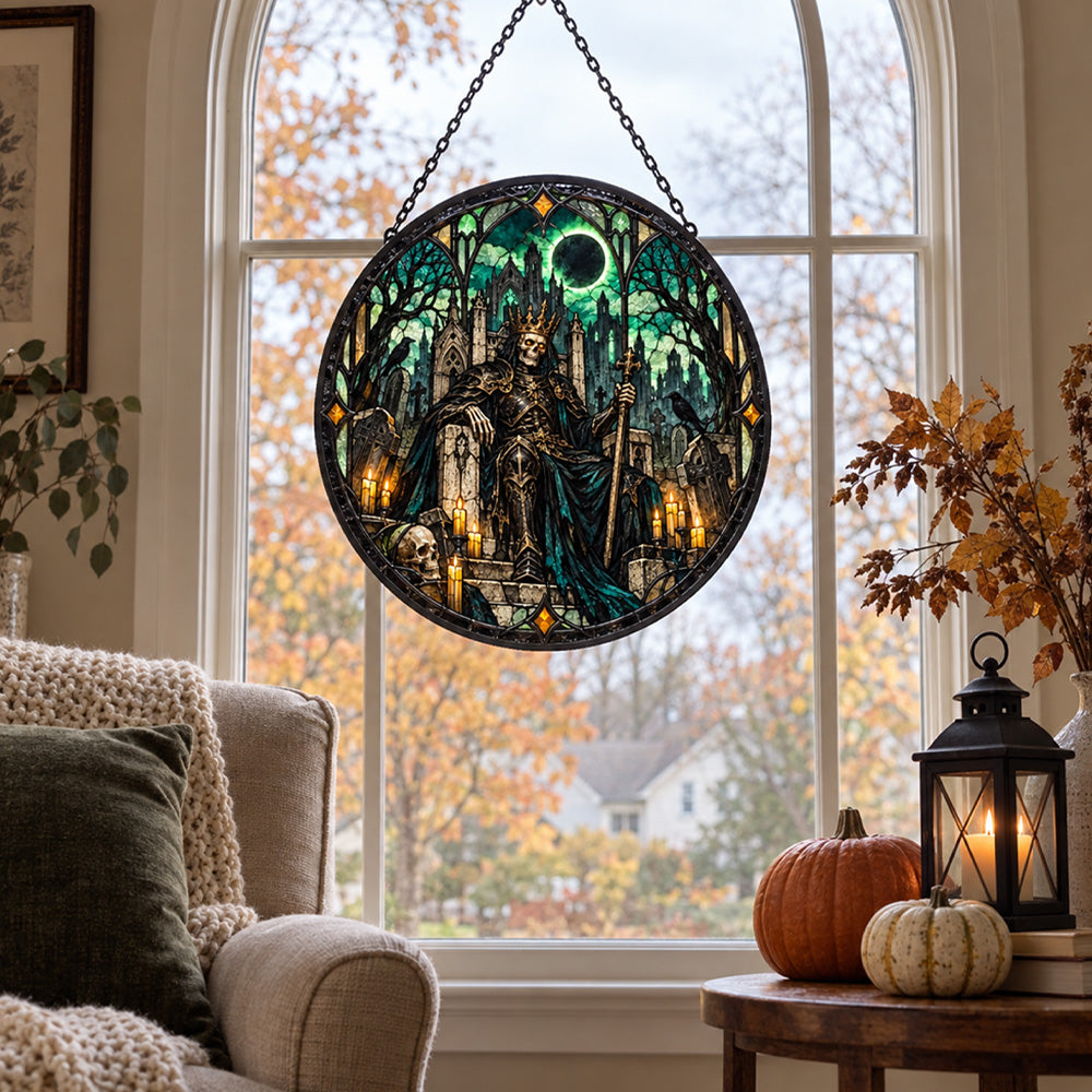 Skeleton King Halloween stained glass suncatcher window hanging, suitable for home and garden decoration