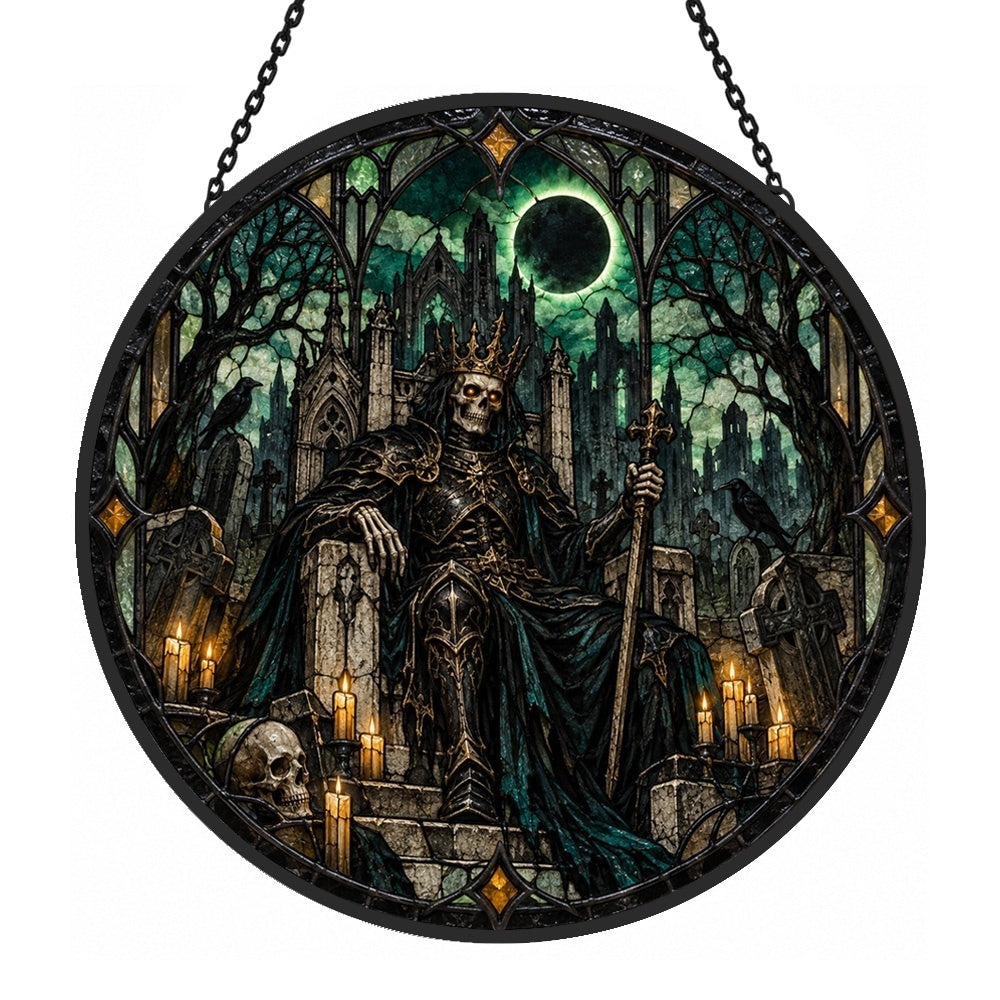 Skeleton King Halloween stained glass suncatcher window hanging, suitable for home and garden decoration