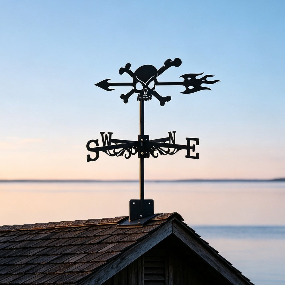 Skull and crossbones metal weather vane with directional arrows and mounting rod, outdoor roof and garden decoration