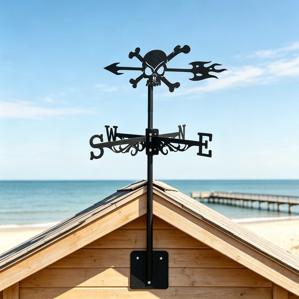 Skull and crossbones metal weather vane with directional arrows and mounting rod, outdoor roof and garden decoration
