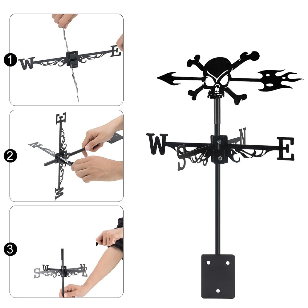 Skull and crossbones metal weather vane with directional arrows and mounting rod, outdoor roof and garden decoration