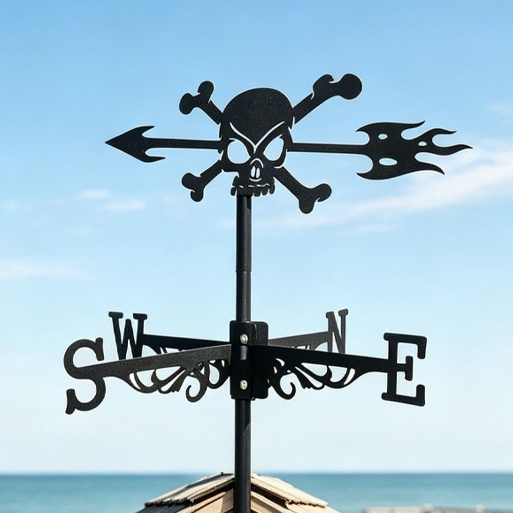 Skull and crossbones metal weather vane with directional arrows and mounting rod, outdoor roof and garden decoration