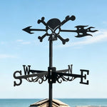 Skull and crossbones metal weather vane with directional arrows and mounting rod, outdoor roof and garden decoration