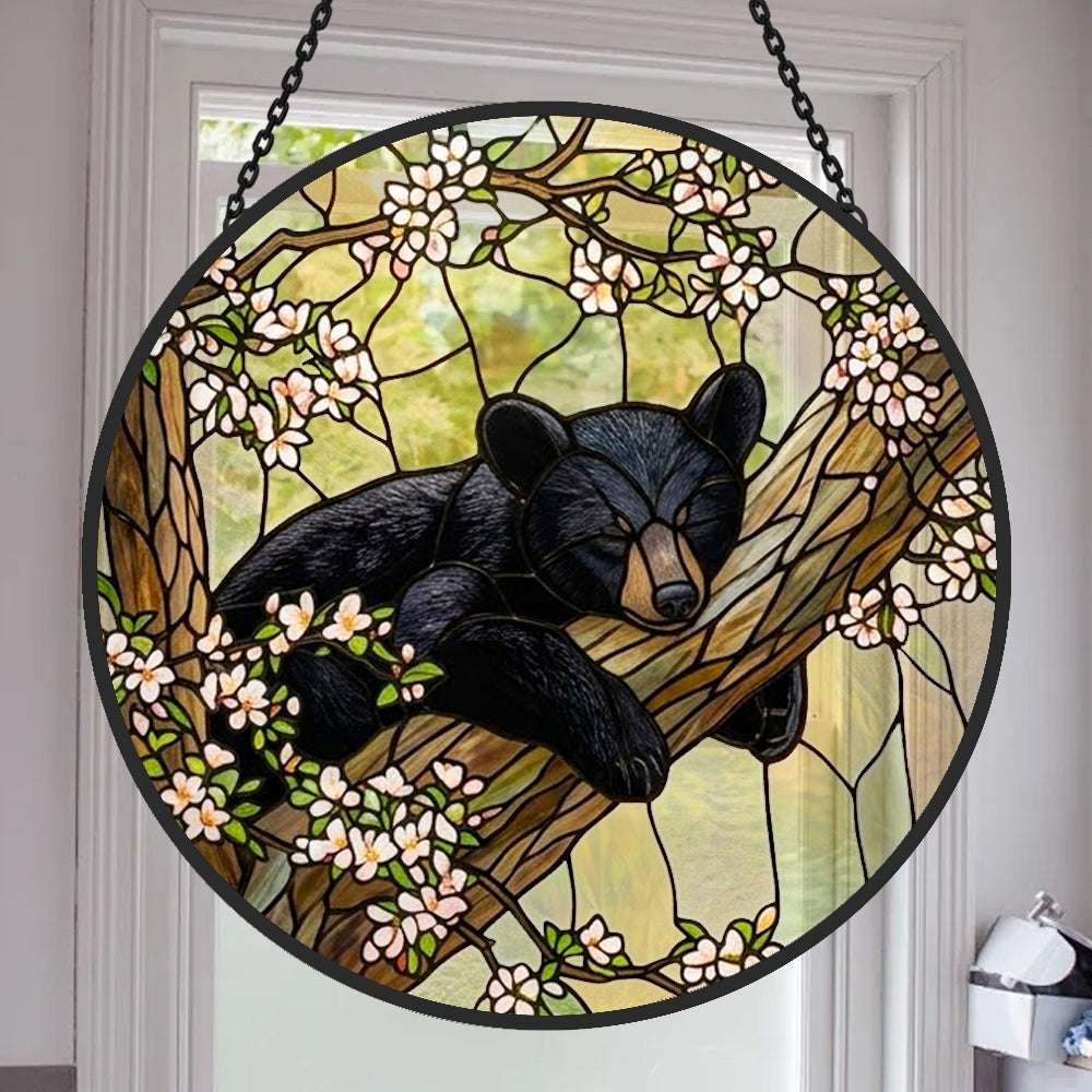 sleeping bear on tree stained glass suncatcher window hanging, suitable for home and garden decoration.
