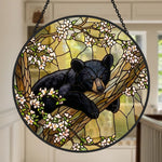 sleeping bear on tree stained glass suncatcher window hanging, suitable for home and garden decoration.